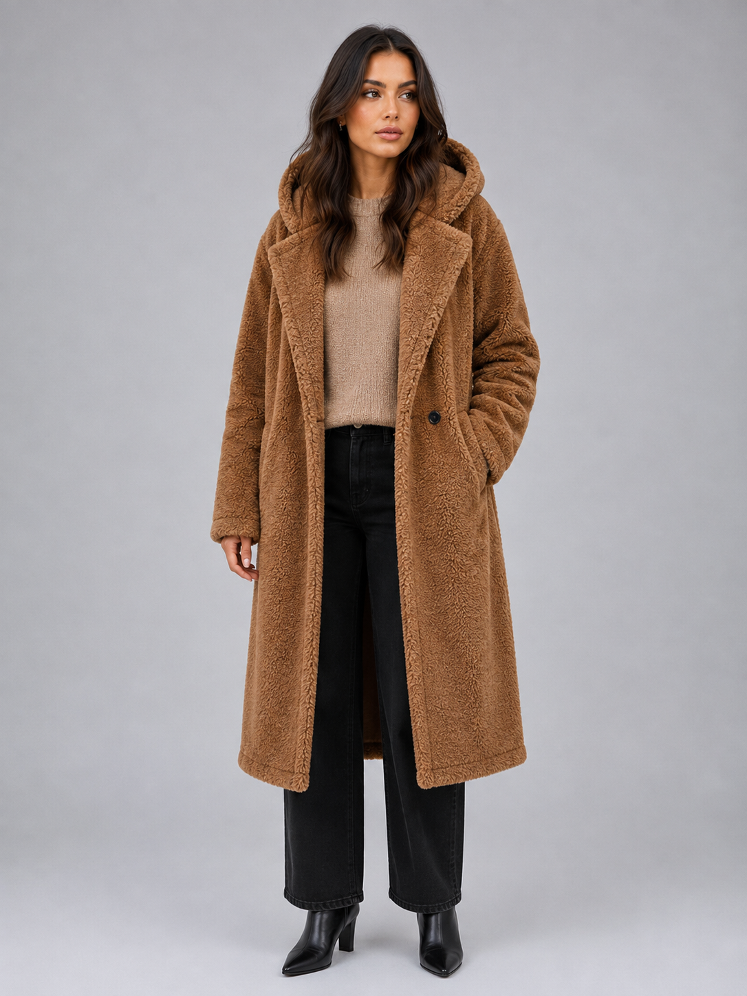 Kacob | Women's Long Hooded Oversized Teddy Coat