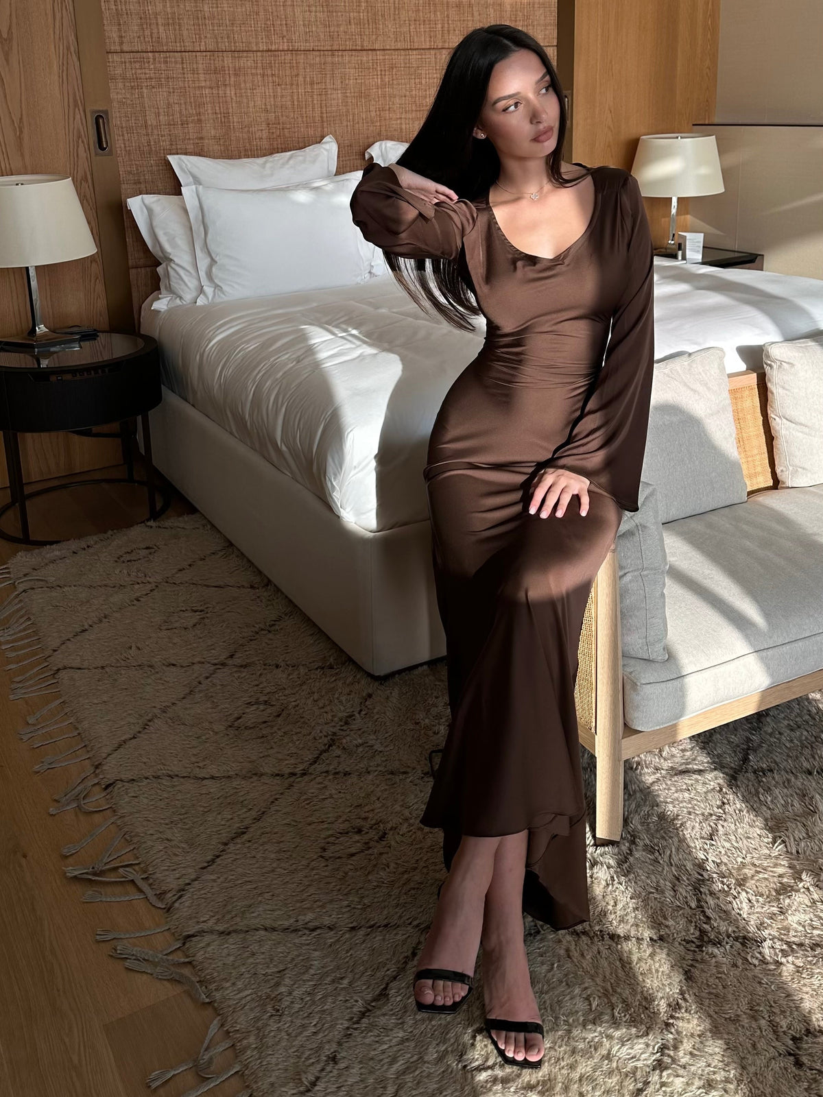 Women's Long Sleeve Sheen Column Maxi Dress