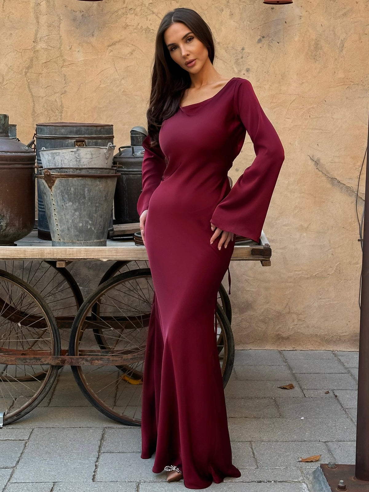 Women's Long Sleeve Sheen Column Maxi Dress