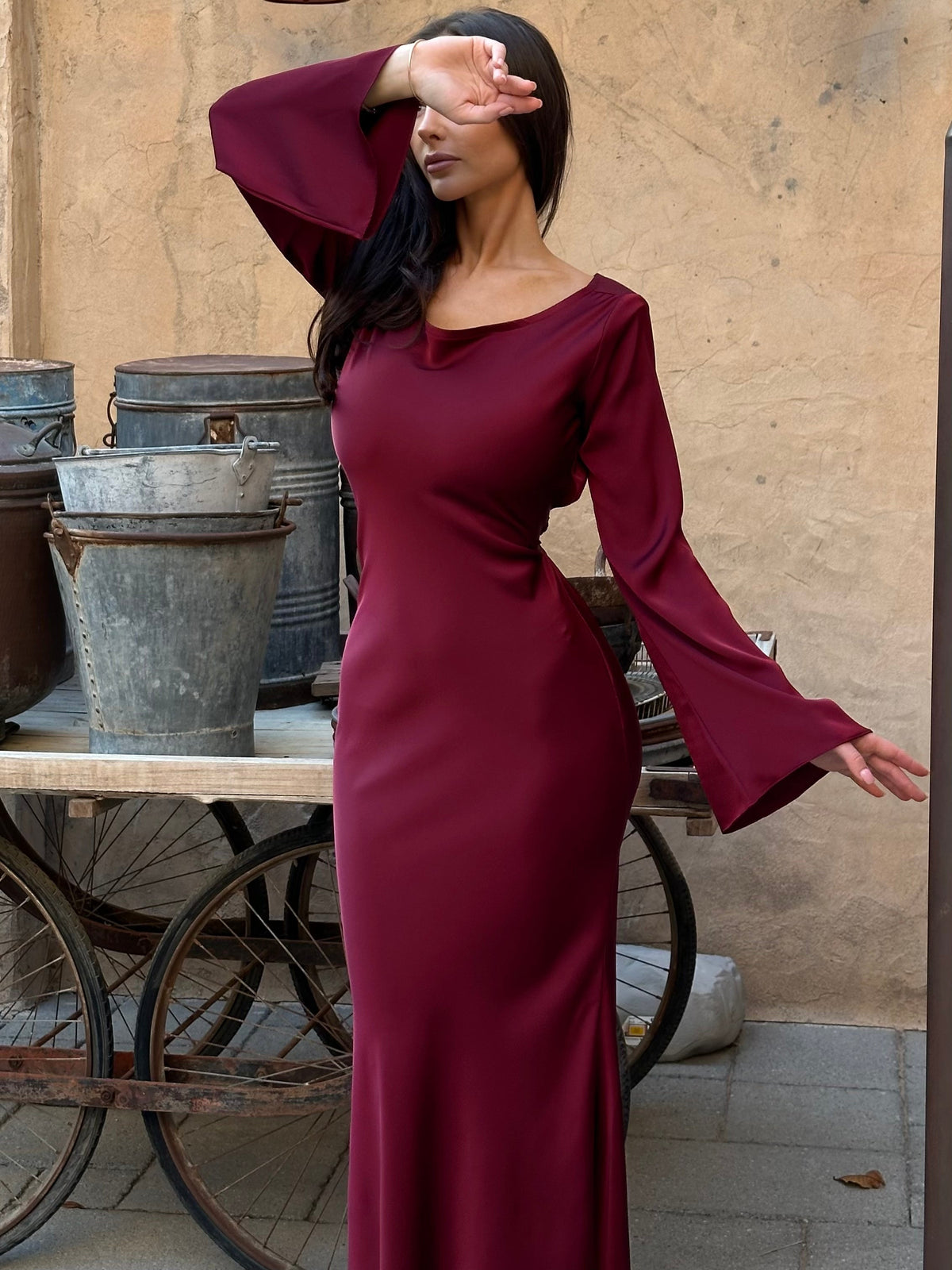 Women's Long Sleeve Sheen Column Maxi Dress