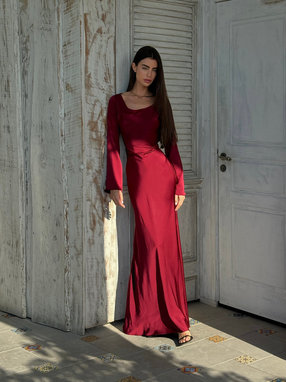 Women's Long Sleeve Sheen Column Maxi Dress