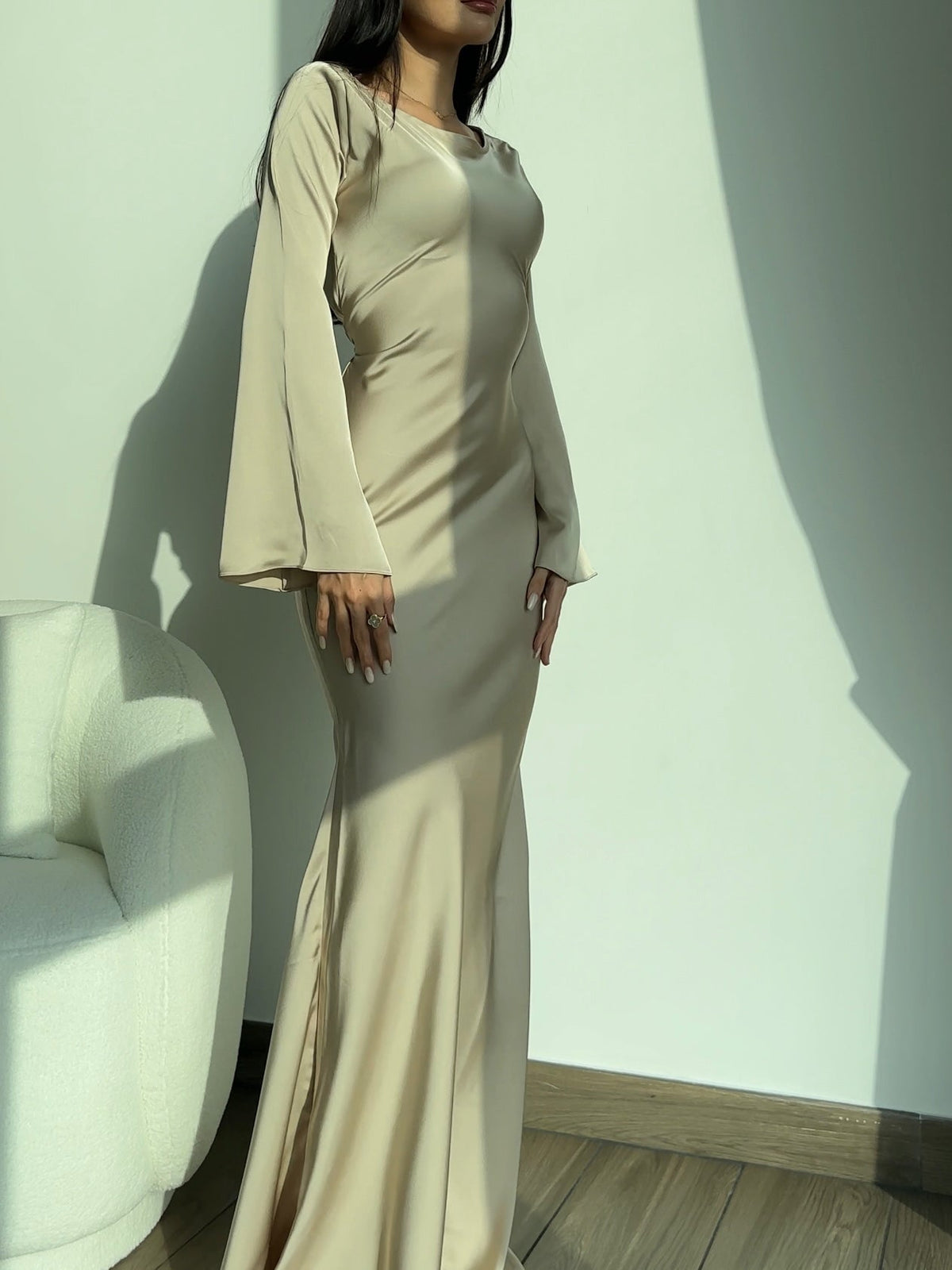 Women's Long Sleeve Sheen Column Maxi Dress