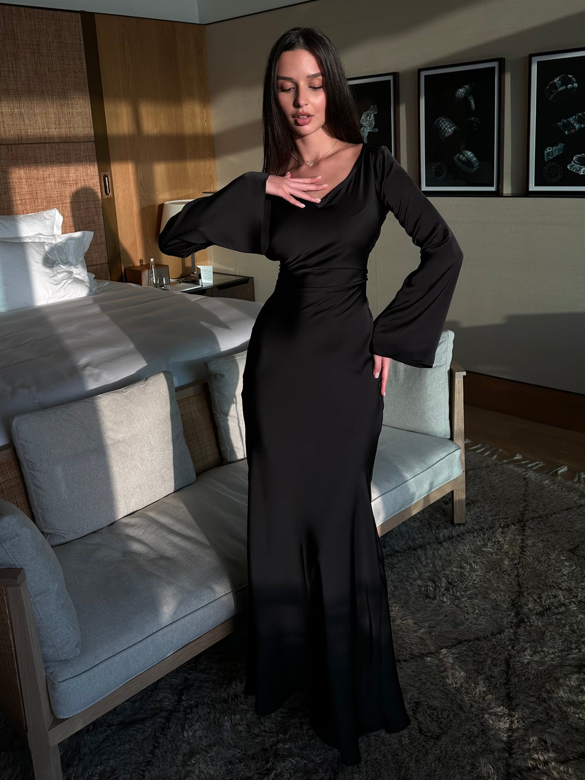 Women's Long Sleeve Sheen Column Maxi Dress
