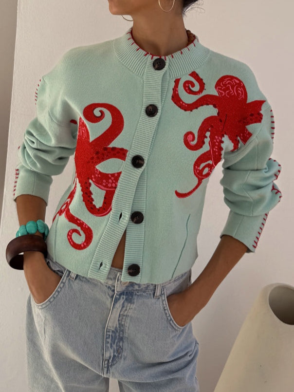 Women's Octopus Motif Button-Front Knit Cardigan
