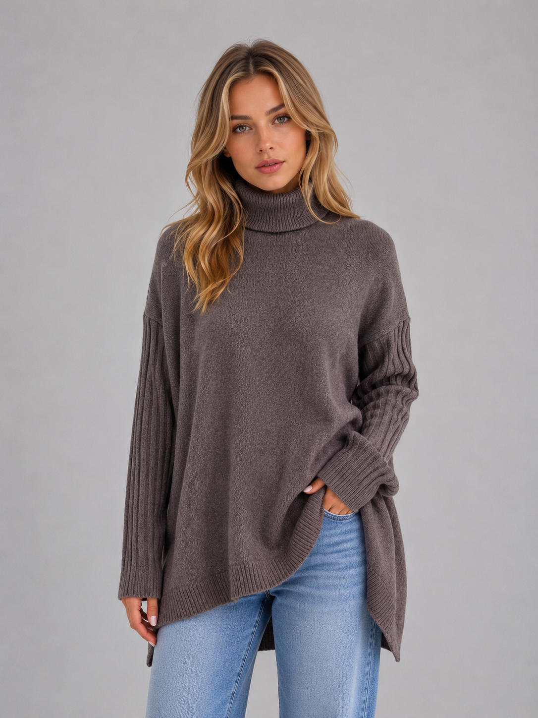 Kacob | Women's Oversized Longline Roll Neck Jumper