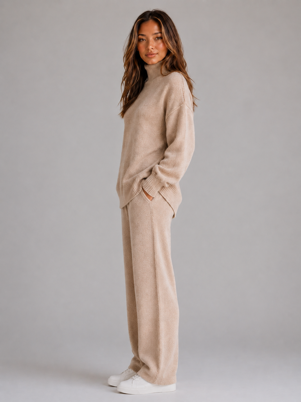 Kacob | Women's Oversized Roll Neck Jumper & Wide Leg Trousers Knitted Set