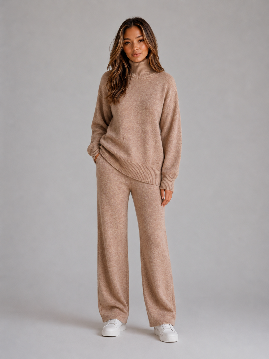 Kacob | Women's Oversized Roll Neck Jumper & Wide Leg Trousers Knitted Set