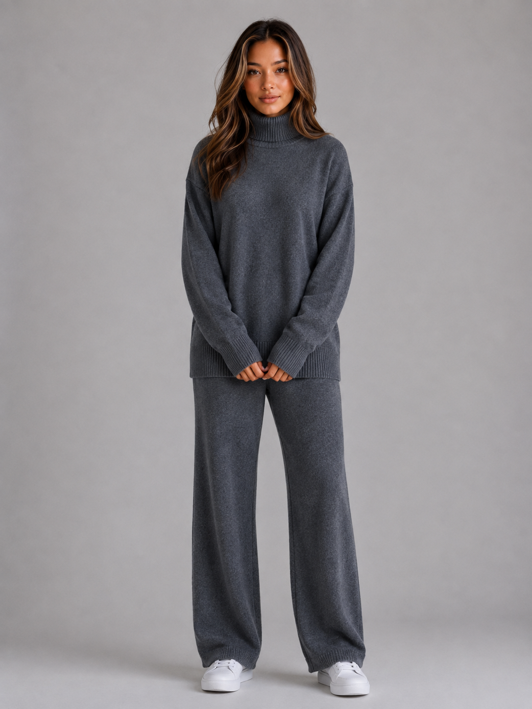 Kacob | Women's Oversized Roll Neck Jumper & Wide Leg Trousers Knitted Set