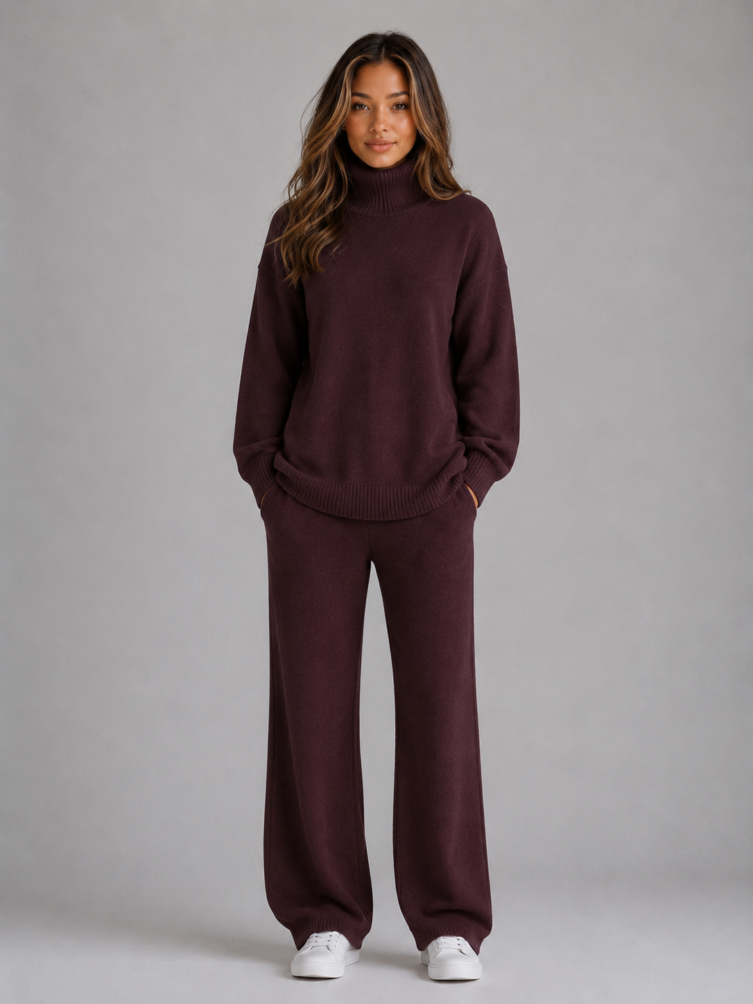 Kacob | Women's Oversized Roll Neck Jumper & Wide Leg Trousers Knitted Set