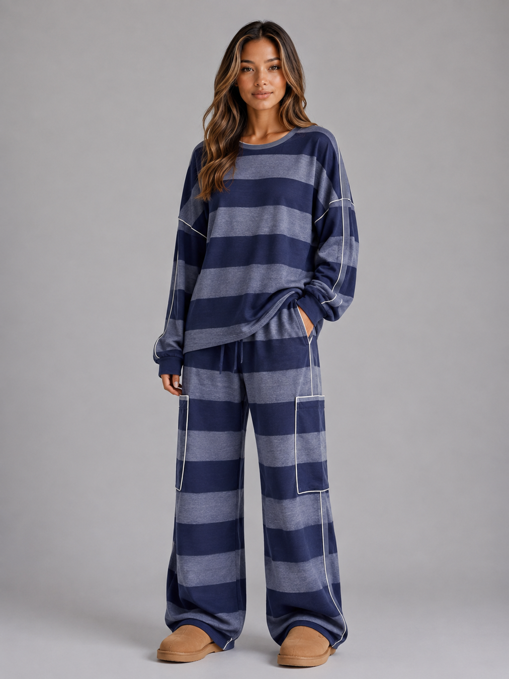 Kacob | Women's Oversized Striped Sweatshirt & Wide Leg Trousers Set