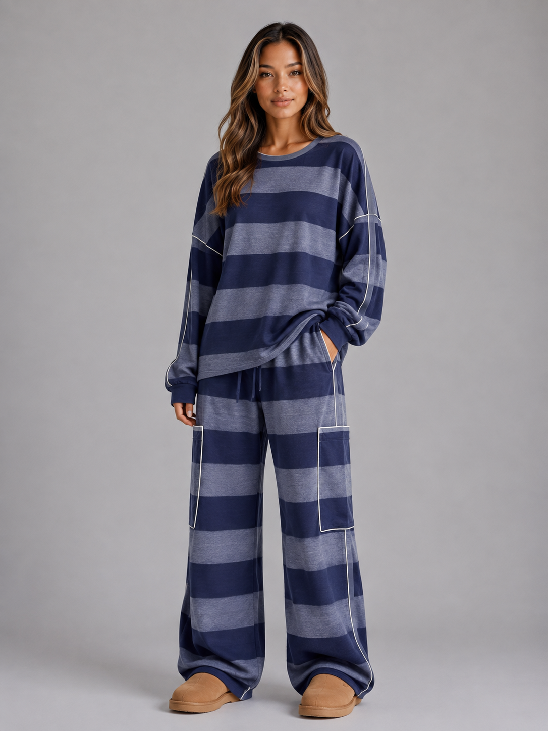 Kacob | Women's Oversized Striped Sweatshirt & Wide Leg Trousers Set
