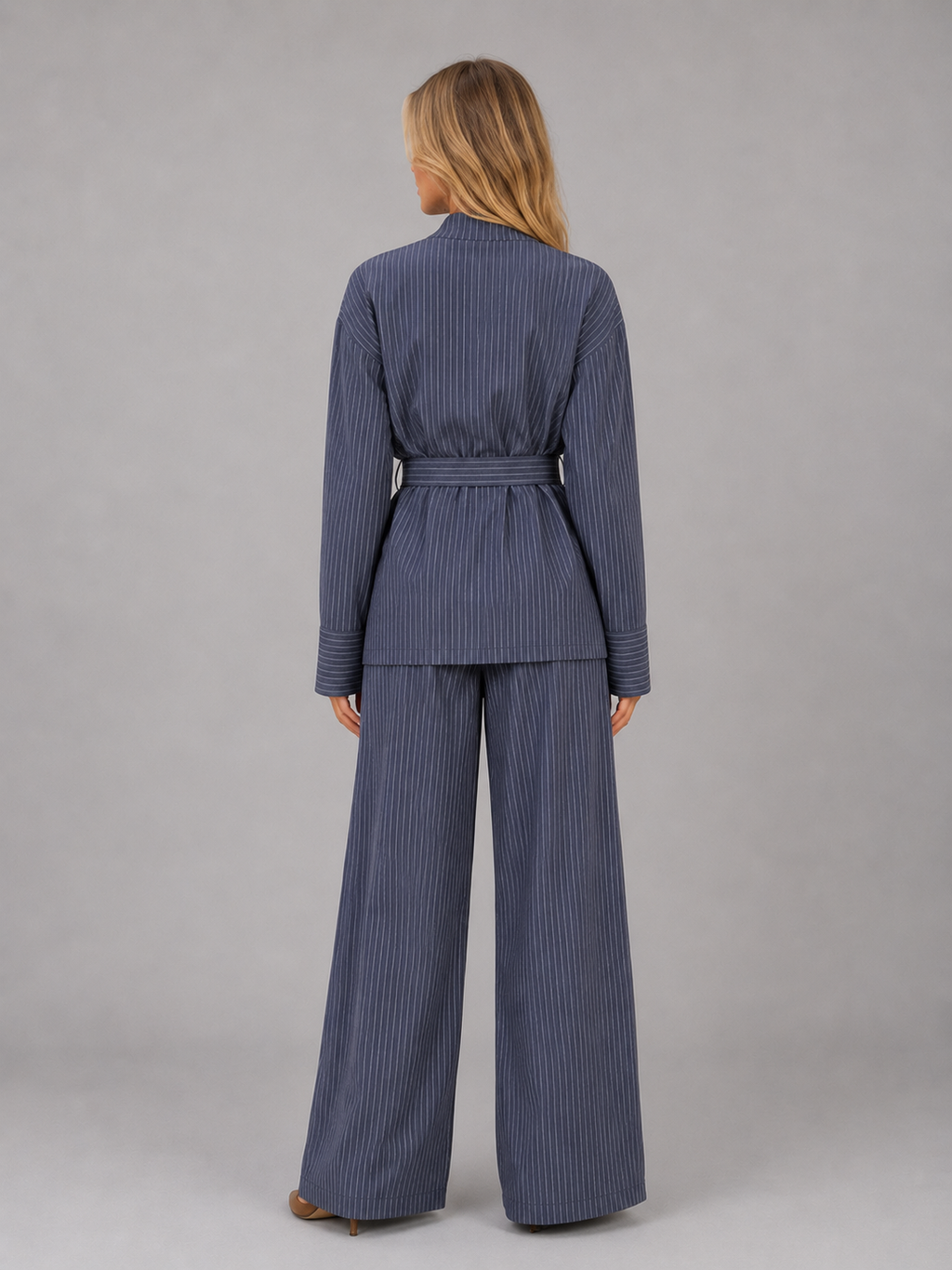Kacob | Women's Pinstripe High Neck Top & Wide Leg Trousers Set