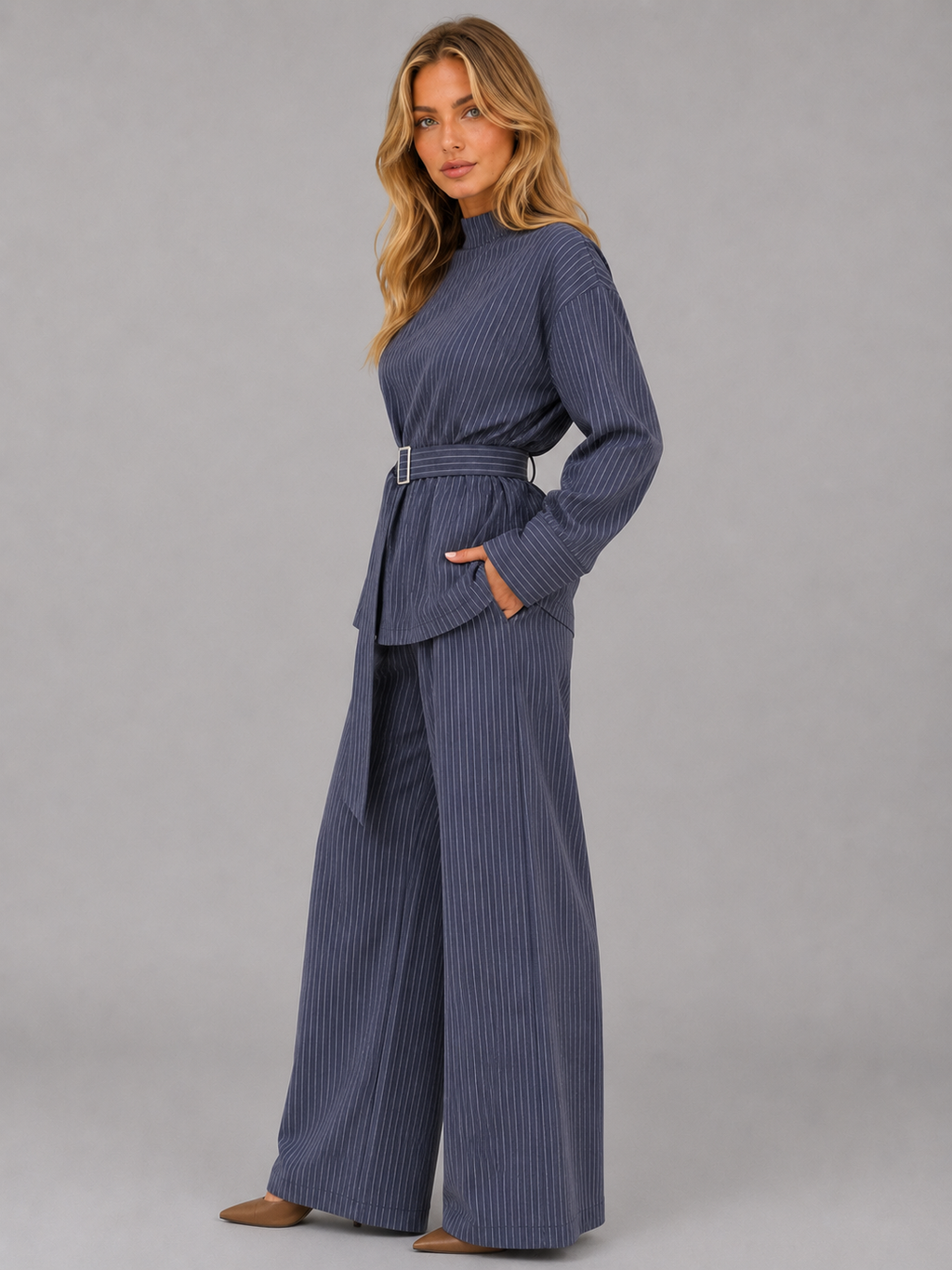 Kacob | Women's Pinstripe High Neck Top & Wide Leg Trousers Set