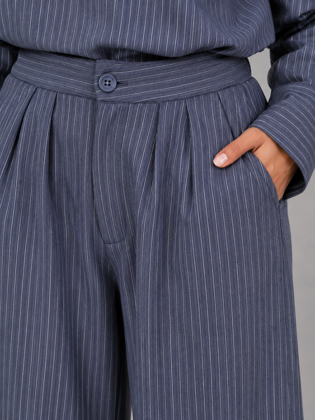 Kacob | Women's Pinstripe High Neck Top & Wide Leg Trousers Set