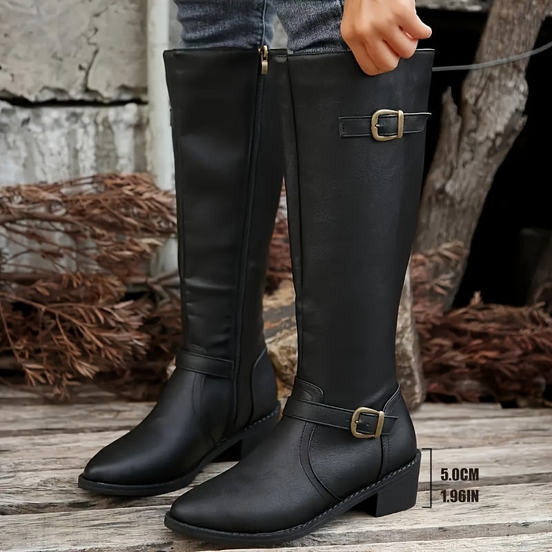 Kacob | Women's Polished Double Buckle Knee High Boots