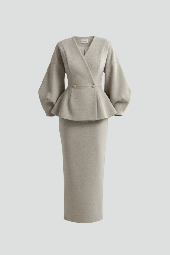 Women's Puff Sleeve Blazer and Midi Skirt Co-Ord Set