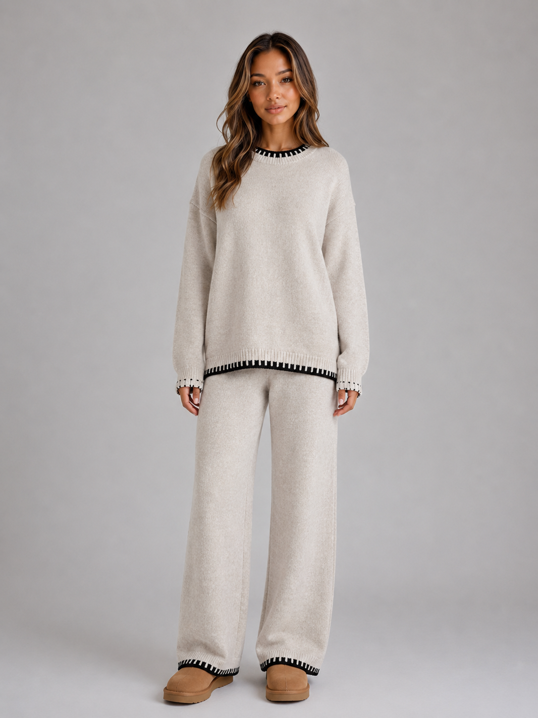 Kacob | Women's Relaxed Knitted Jumper & Wide Leg Trousers Co-Ord Set