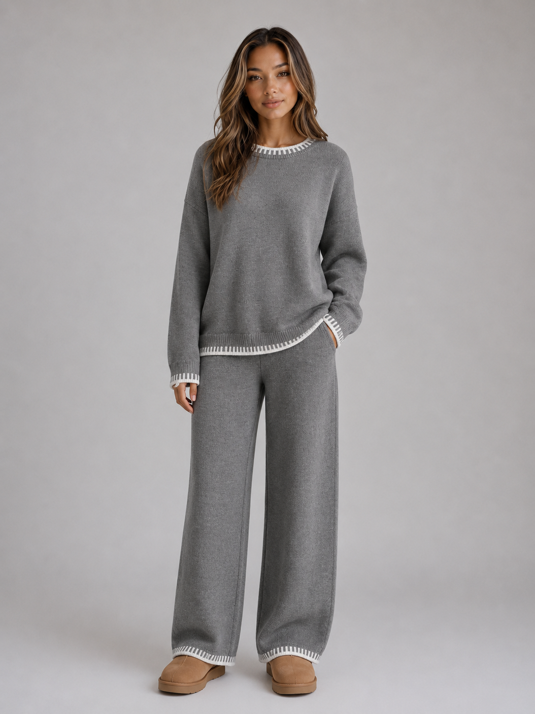 Kacob | Women's Relaxed Knitted Jumper & Wide Leg Trousers Co-Ord Set