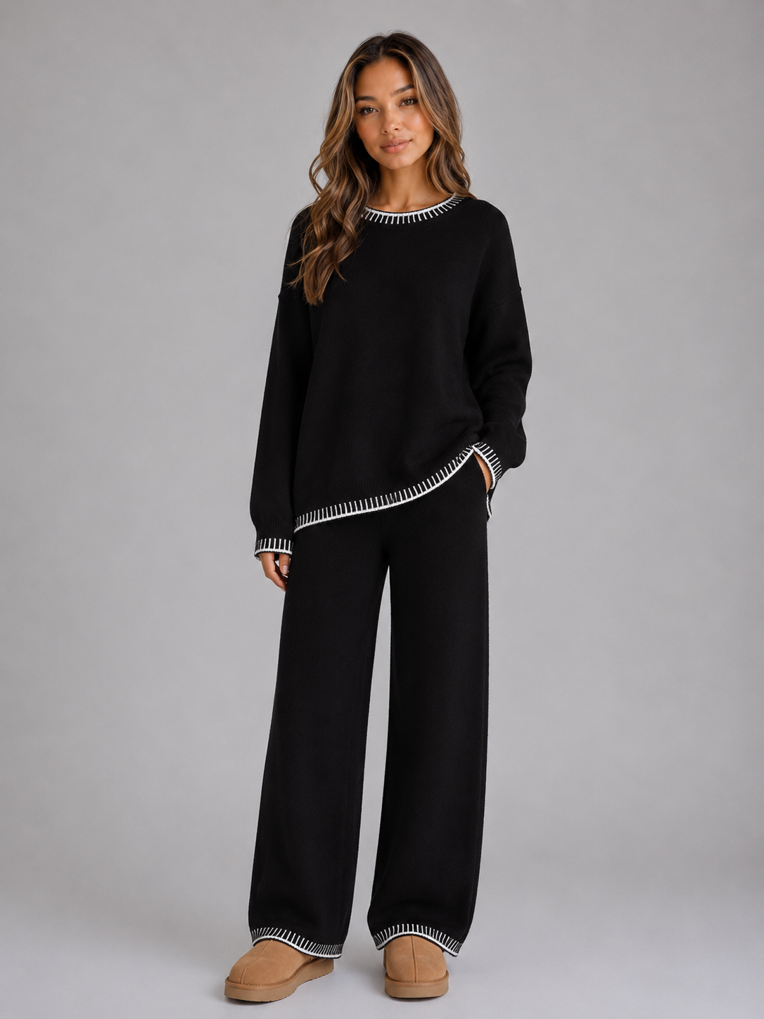 Kacob | Women's Relaxed Knitted Jumper & Wide Leg Trousers Co-Ord Set