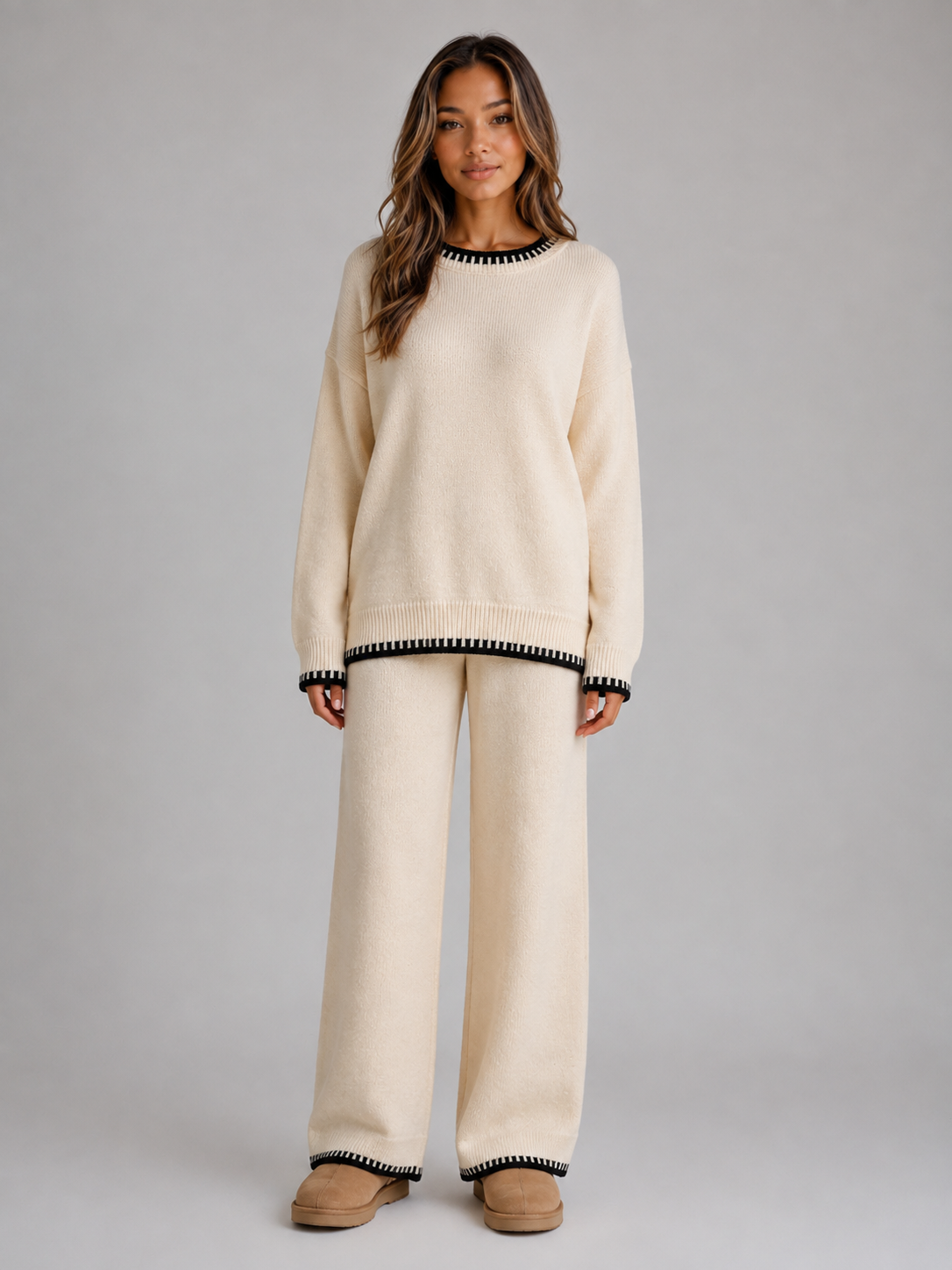 Kacob | Women's Relaxed Knitted Jumper & Wide Leg Trousers Co-Ord Set