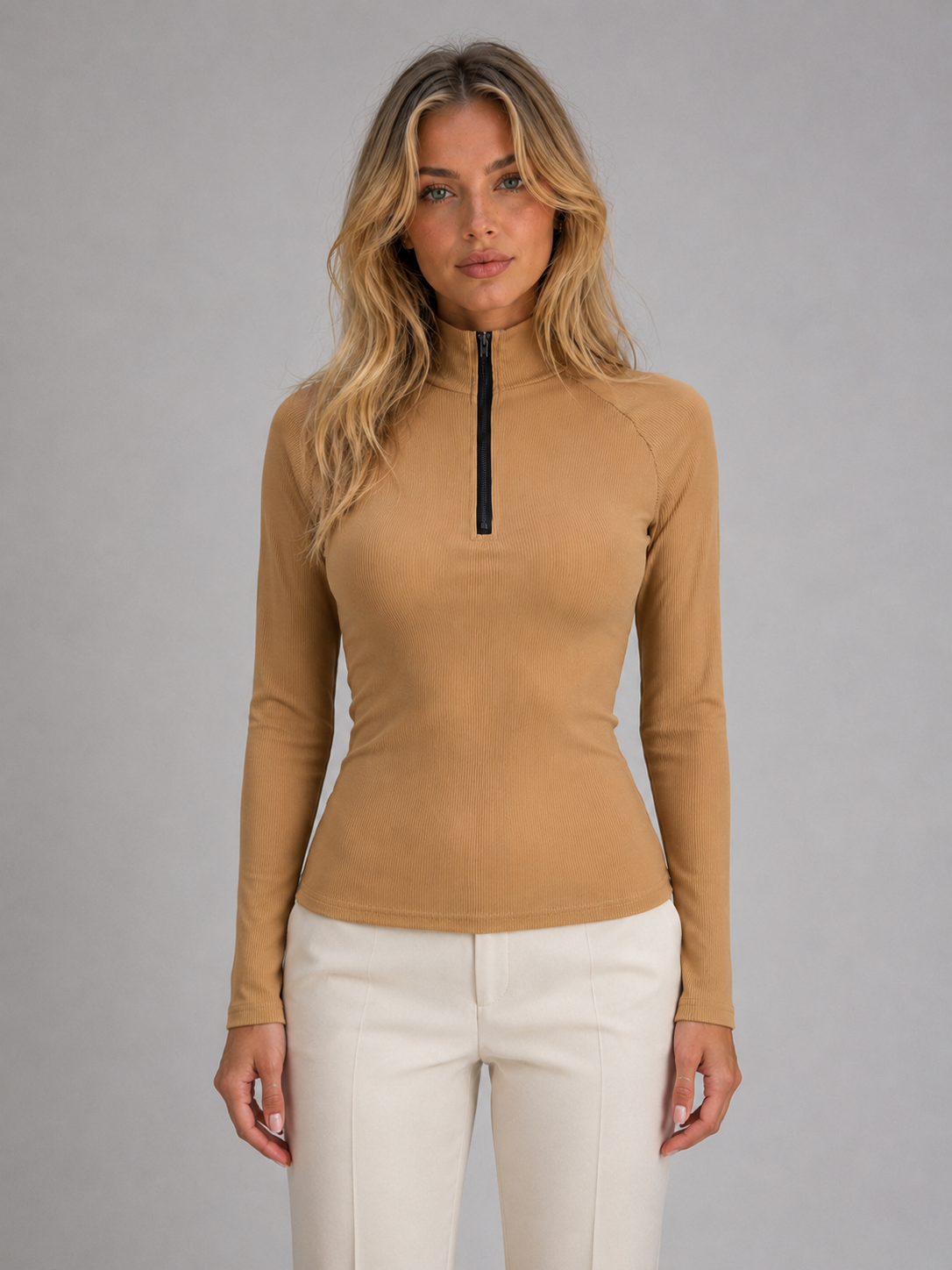 Kacob | Women's Ribbed High Neck Half Zip Long Sleeve Top