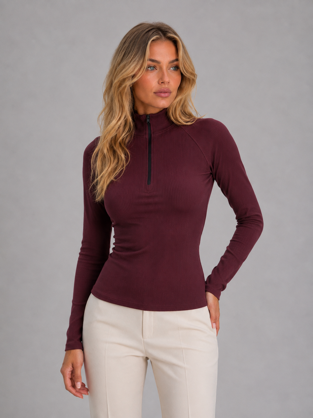 Kacob | Women's Ribbed High Neck Half Zip Long Sleeve Top