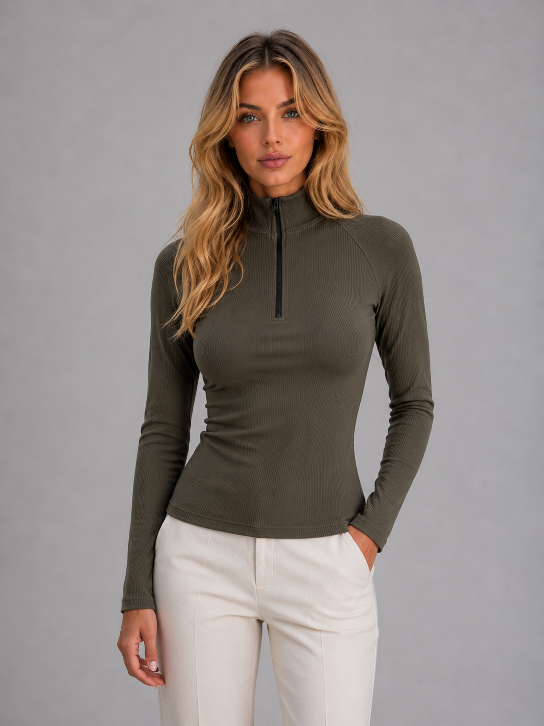 Kacob | Women's Ribbed High Neck Half Zip Long Sleeve Top