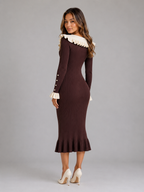 Kacob | Women's Ribbed Knit Ruffle Collar Bodycon Midi Dress
