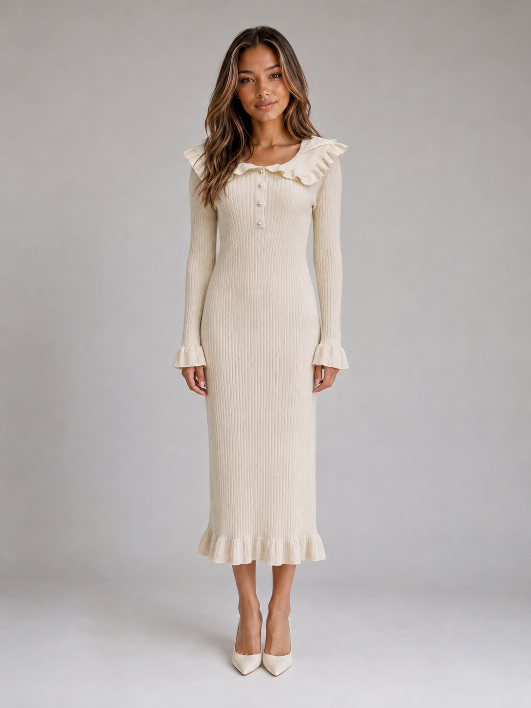 Kacob | Women's Ribbed Knit Ruffle Collar Bodycon Midi Dress