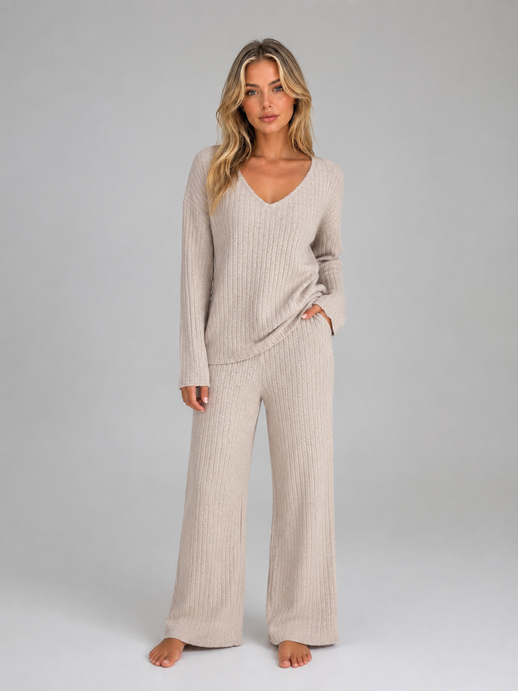 Kacob | Women's Ribbed Knit V-Neck Jumper & Wide Leg Trousers Lounge Set
