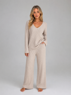 Kacob | Women's Ribbed Knit V-Neck Jumper & Wide Leg Trousers Lounge Set