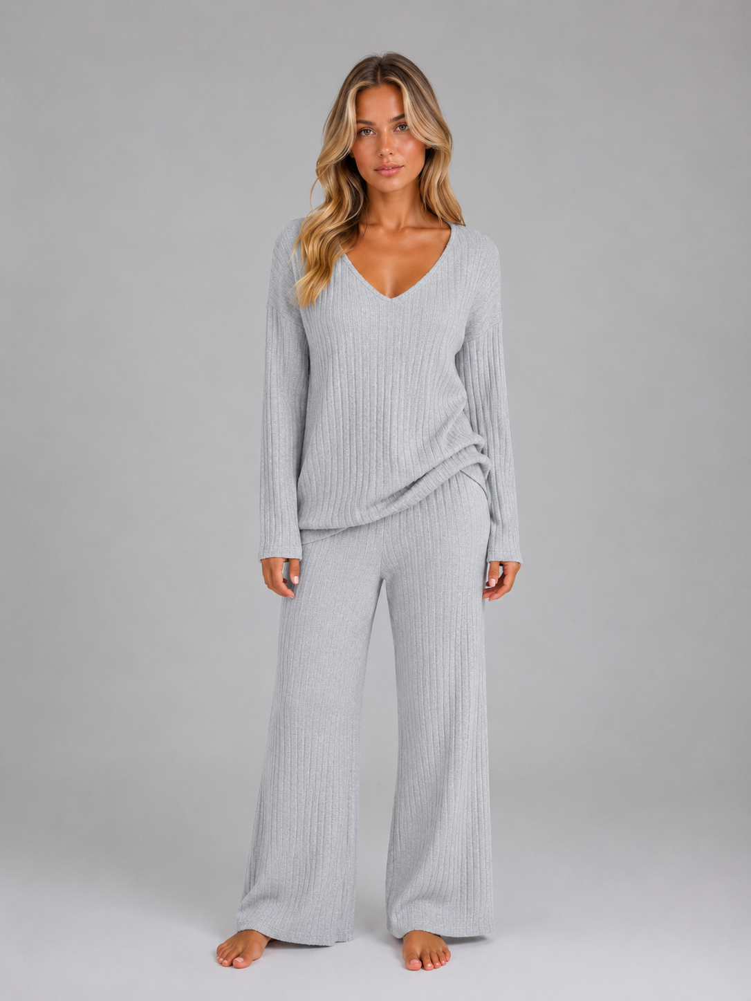 Kacob | Women's Ribbed Knit V-Neck Jumper & Wide Leg Trousers Lounge Set