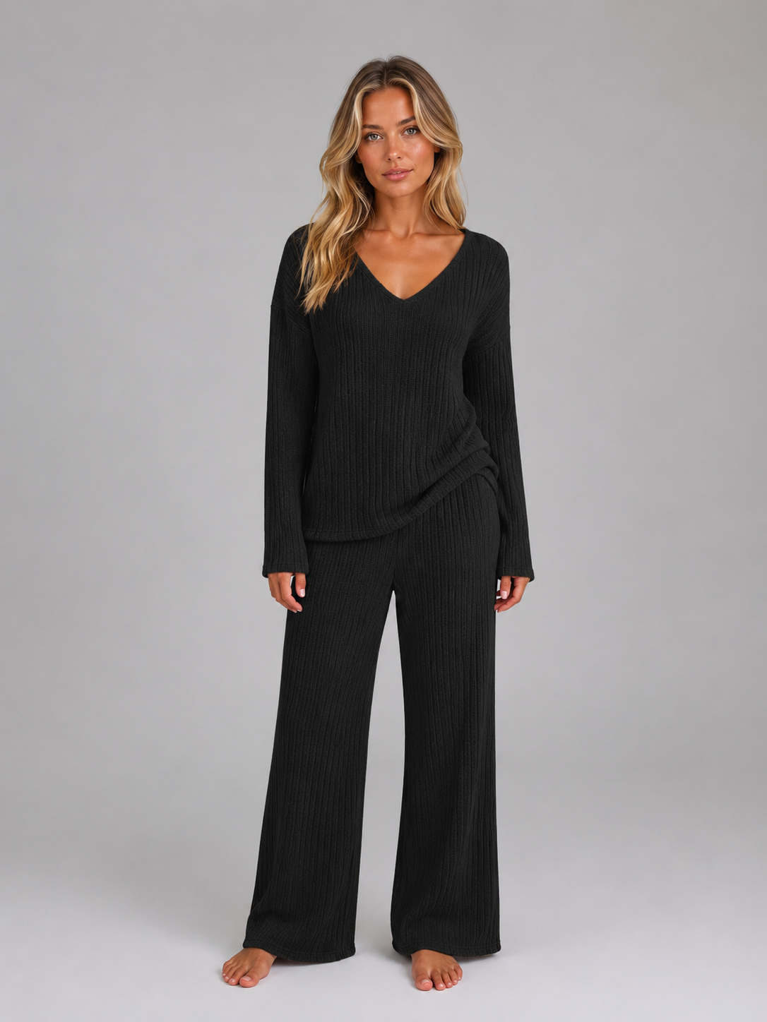 Kacob | Women's Ribbed Knit V-Neck Jumper & Wide Leg Trousers Lounge Set