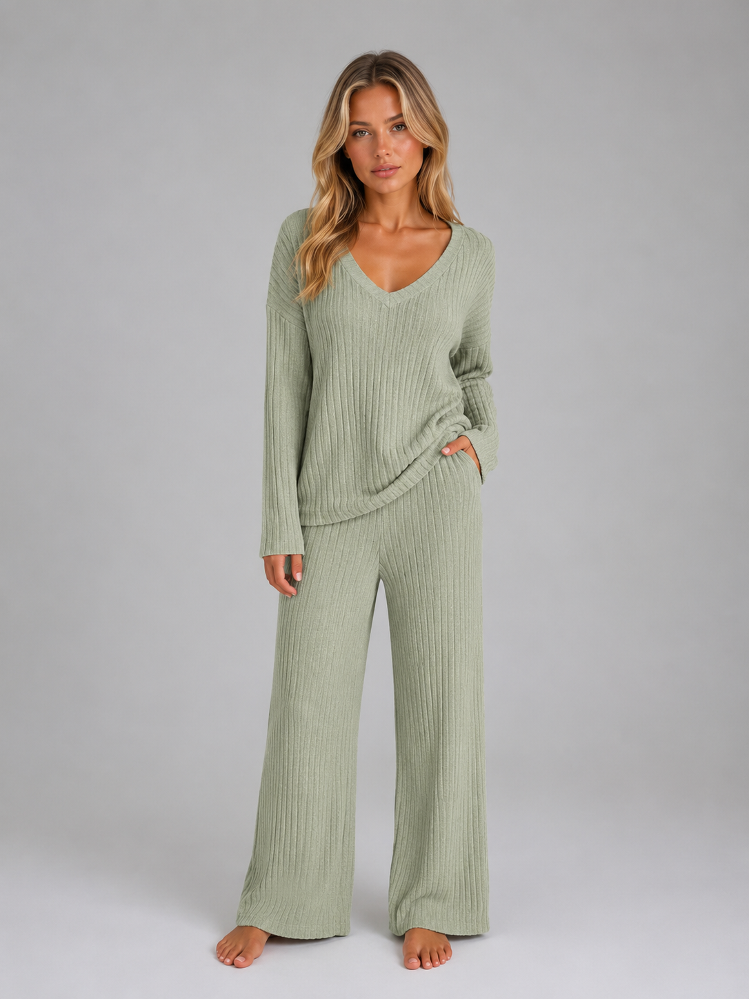 Kacob | Women's Ribbed Knit V-Neck Jumper & Wide Leg Trousers Lounge Set