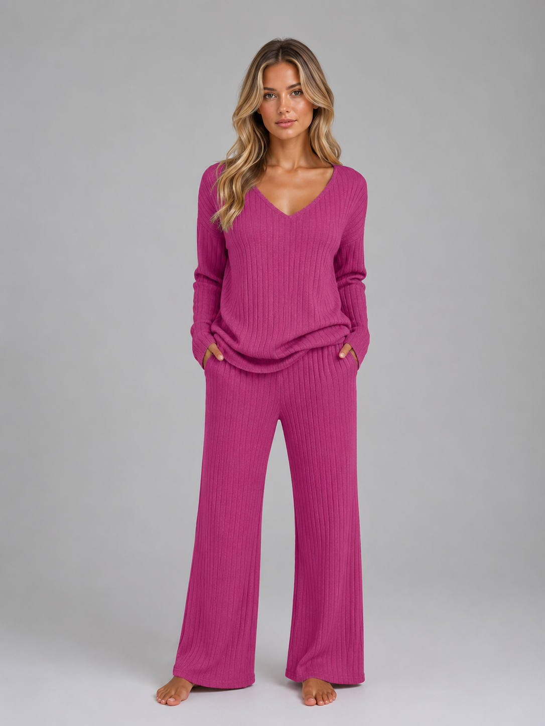 Kacob | Women's Ribbed Knit V-Neck Jumper & Wide Leg Trousers Lounge Set