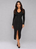 Kacob | Women's Ribbed Knitted Button Front Slim Midi Dress