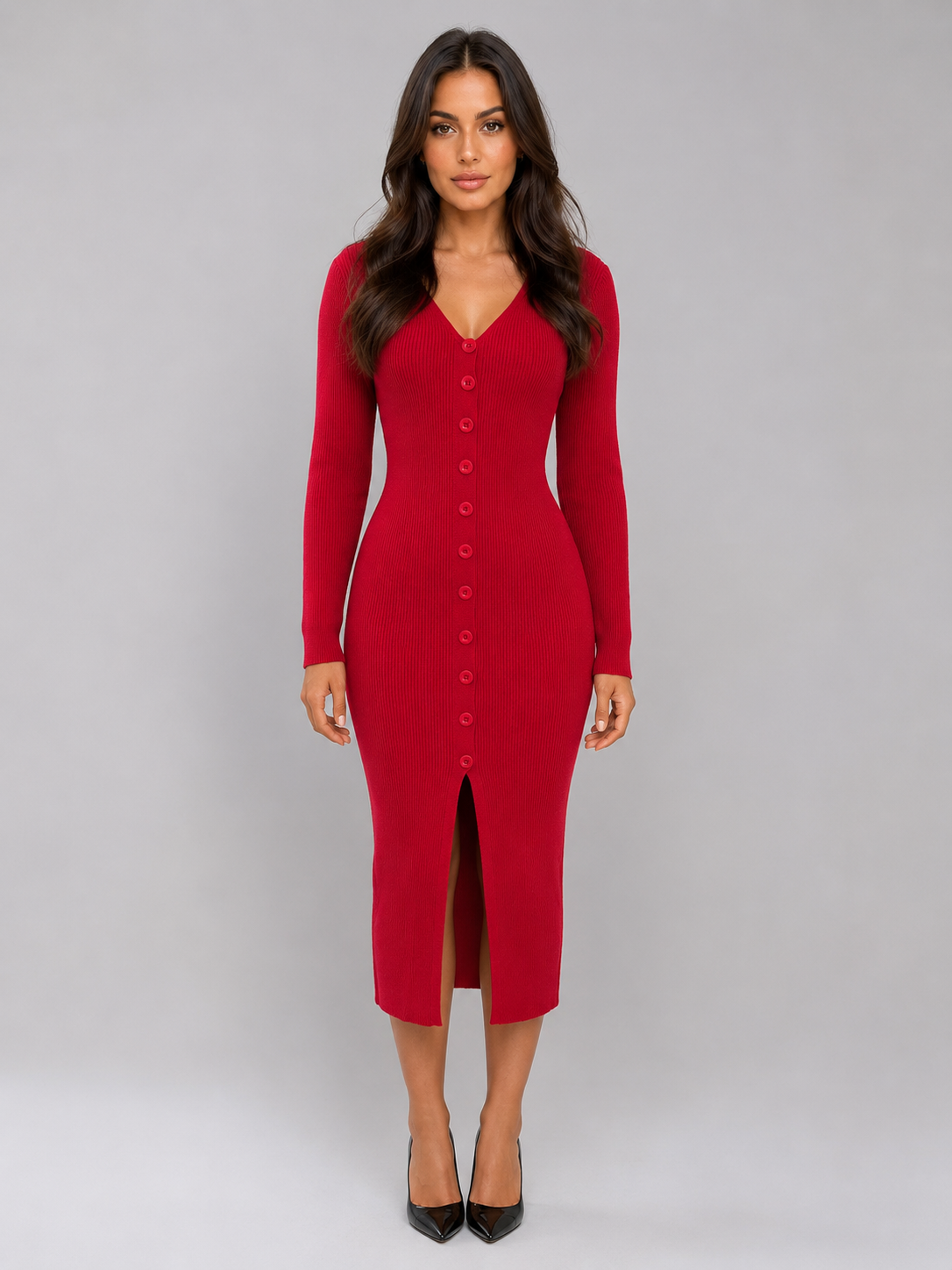 Kacob | Women's Ribbed Knitted Button Front Slim Midi Dress