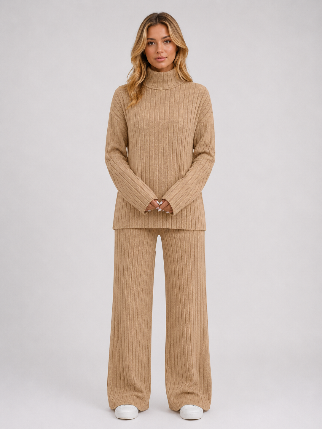 Kacob | Women's Ribbed Roll Neck Jumper & Wide Leg Trousers Lounge Set