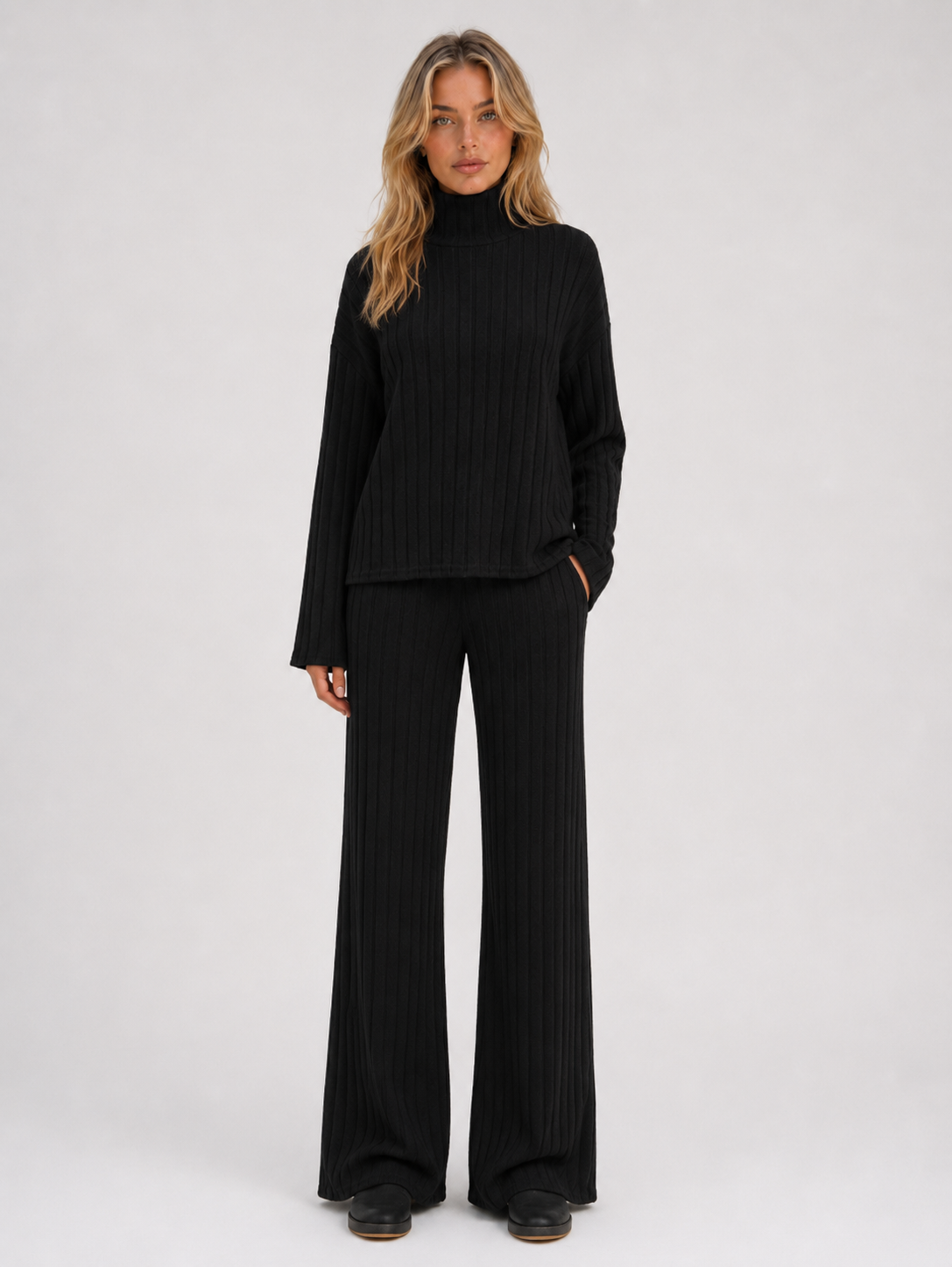 Kacob | Women's Ribbed Roll Neck Jumper & Wide Leg Trousers Lounge Set