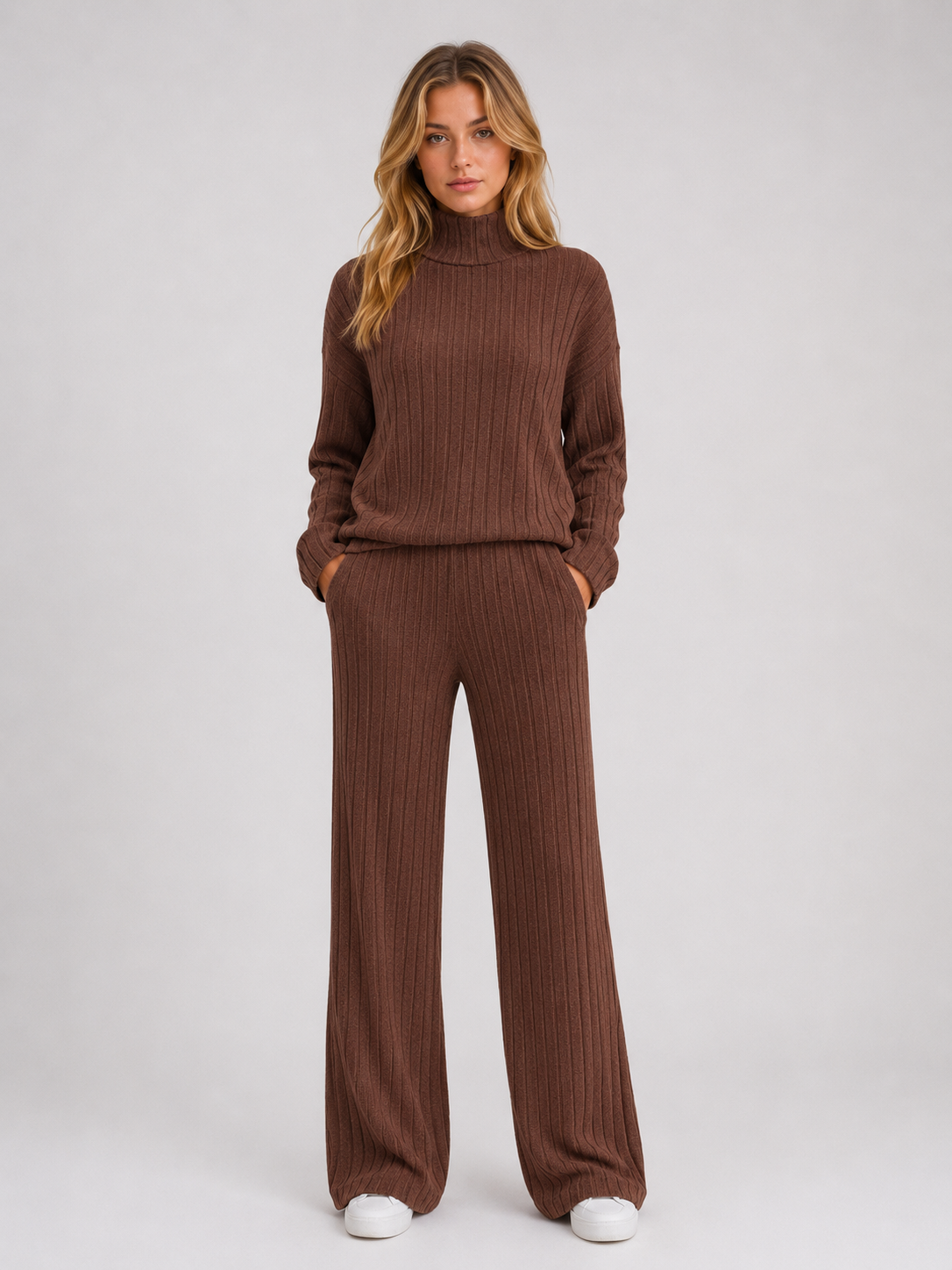 Kacob | Women's Ribbed Roll Neck Jumper & Wide Leg Trousers Lounge Set