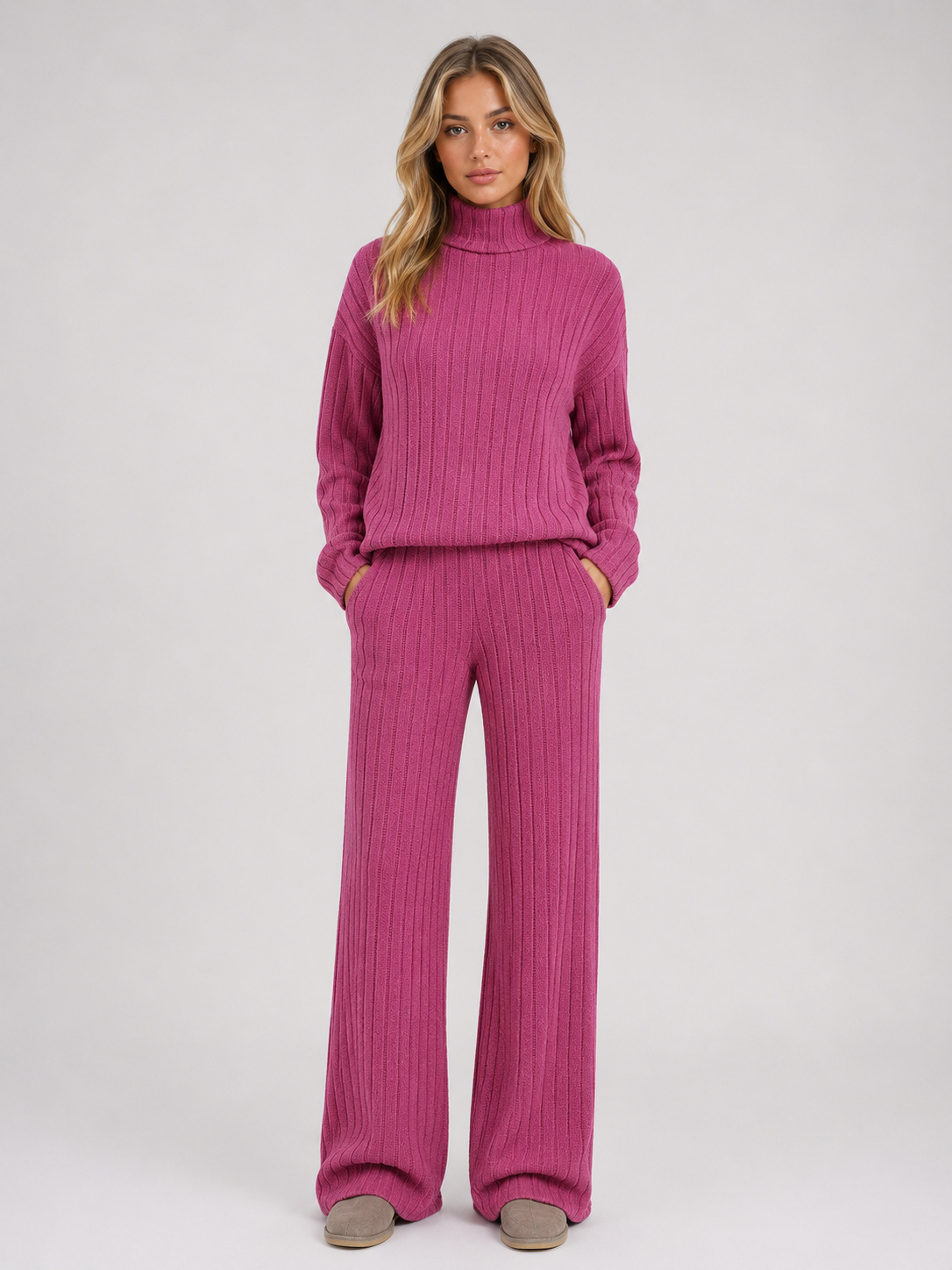 Kacob | Women's Ribbed Roll Neck Jumper & Wide Leg Trousers Lounge Set