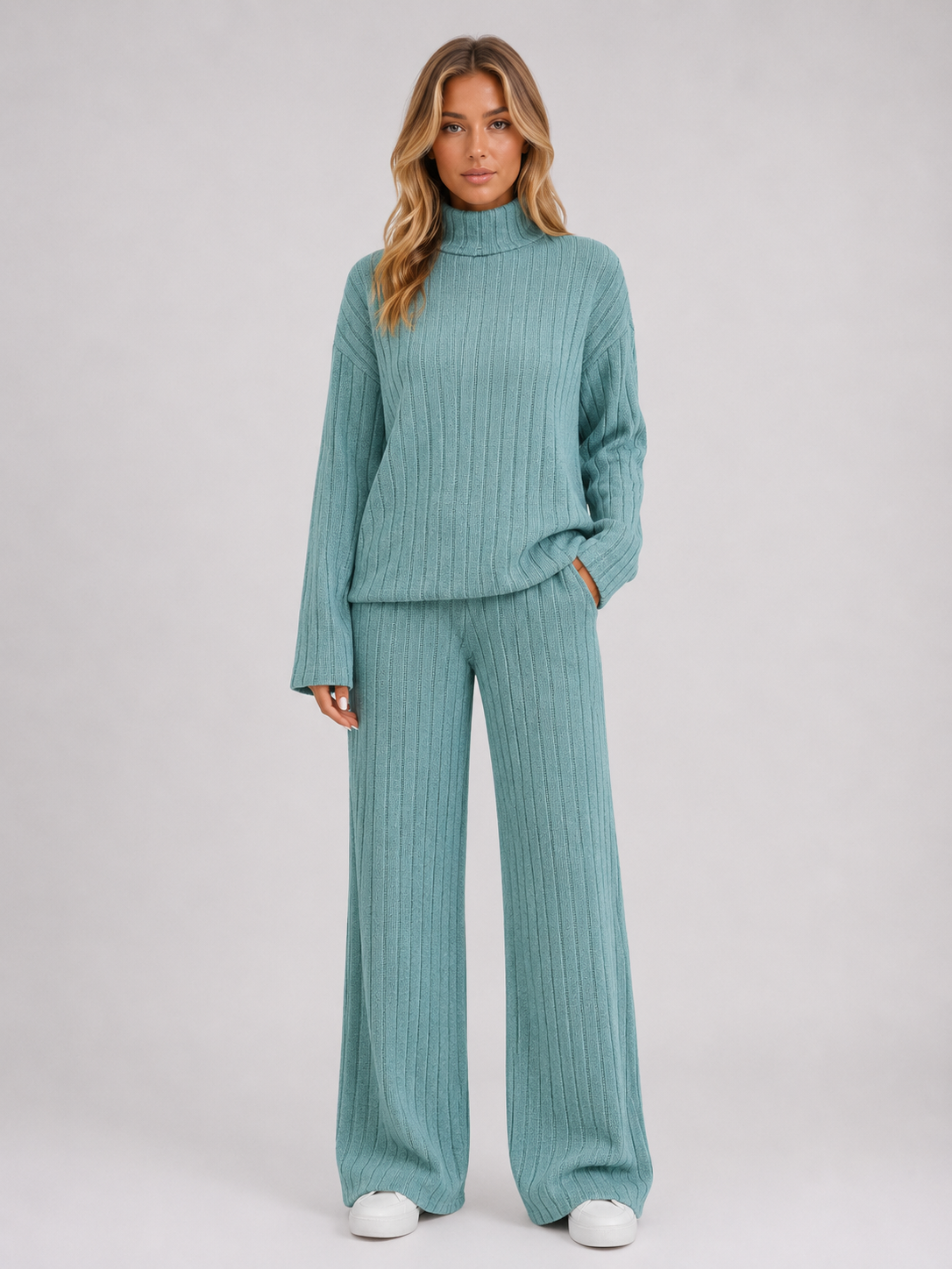 Kacob | Women's Ribbed Roll Neck Jumper & Wide Leg Trousers Lounge Set