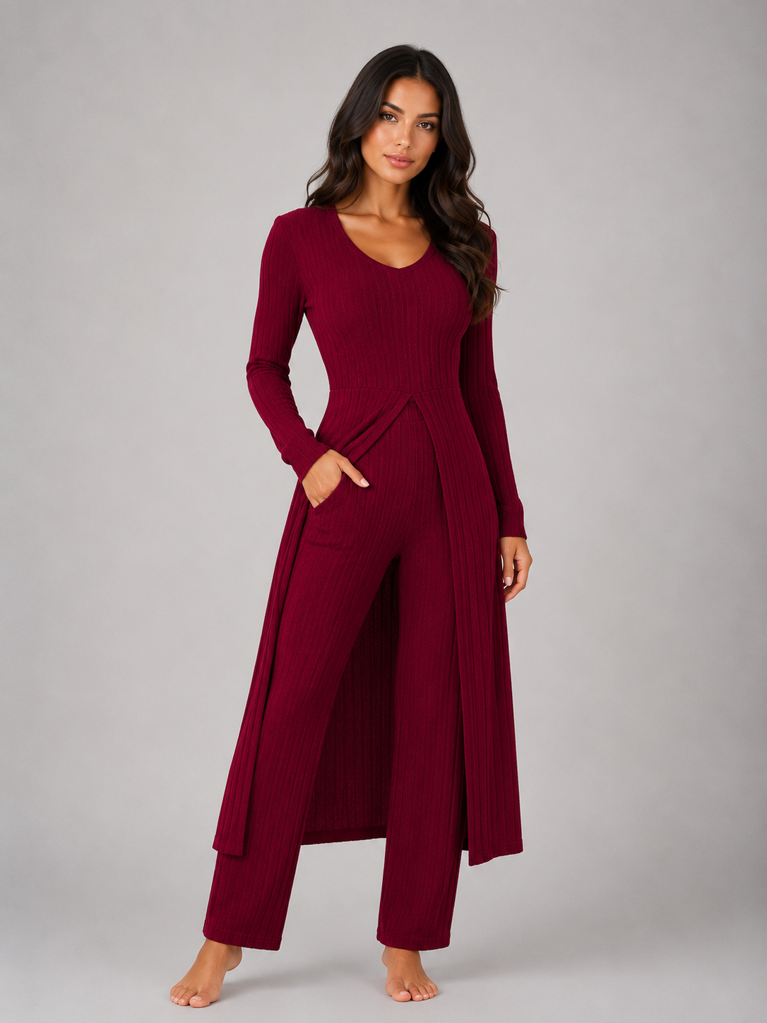Kacob | Women's Ribbed Two-Piece Relaxed Lounge Set