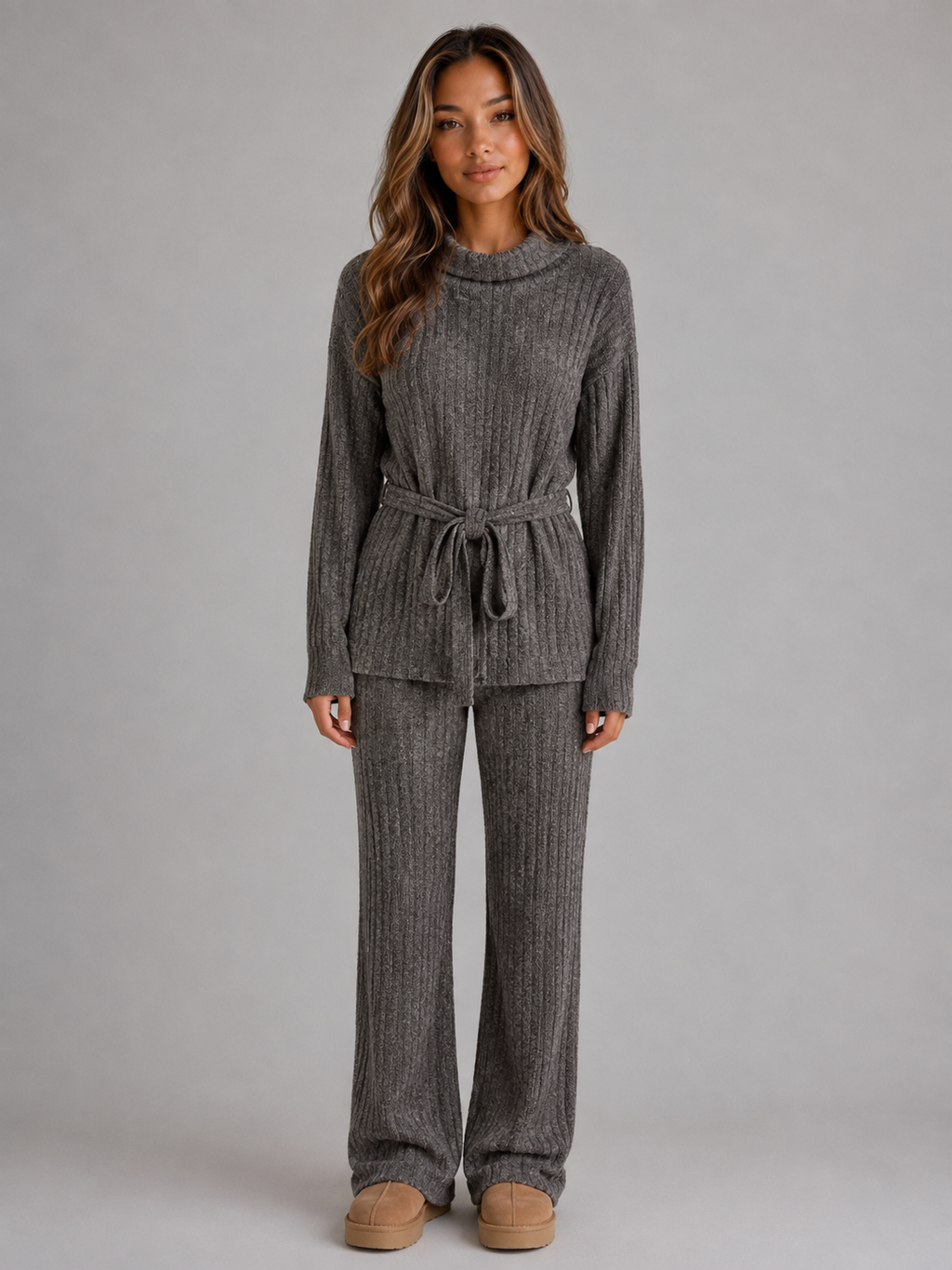 Kacob | Women's Roll Neck Jumper & Wide Leg Trousers Knitted Outfit Set