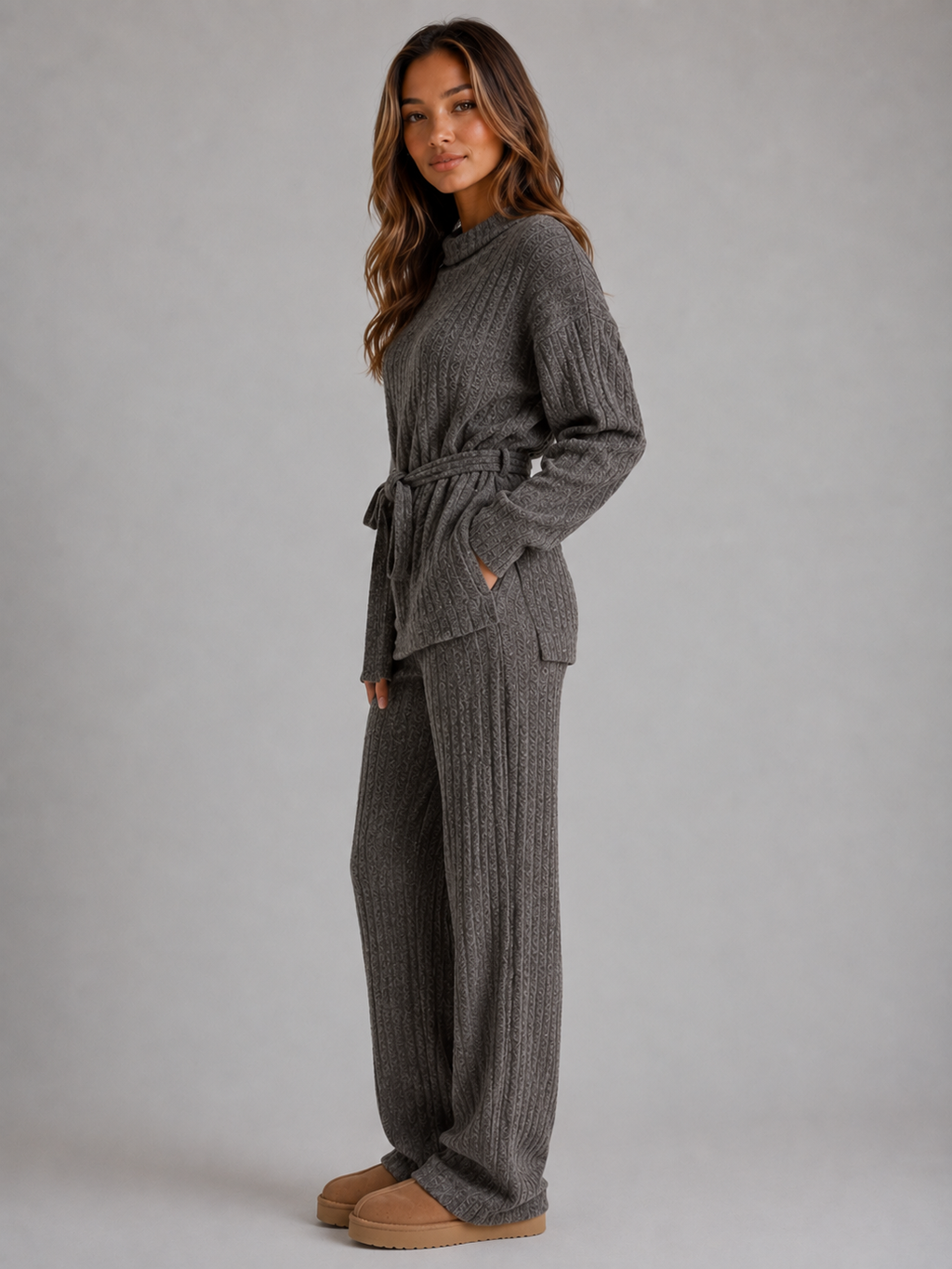 Kacob | Women's Roll Neck Jumper & Wide Leg Trousers Knitted Outfit Set