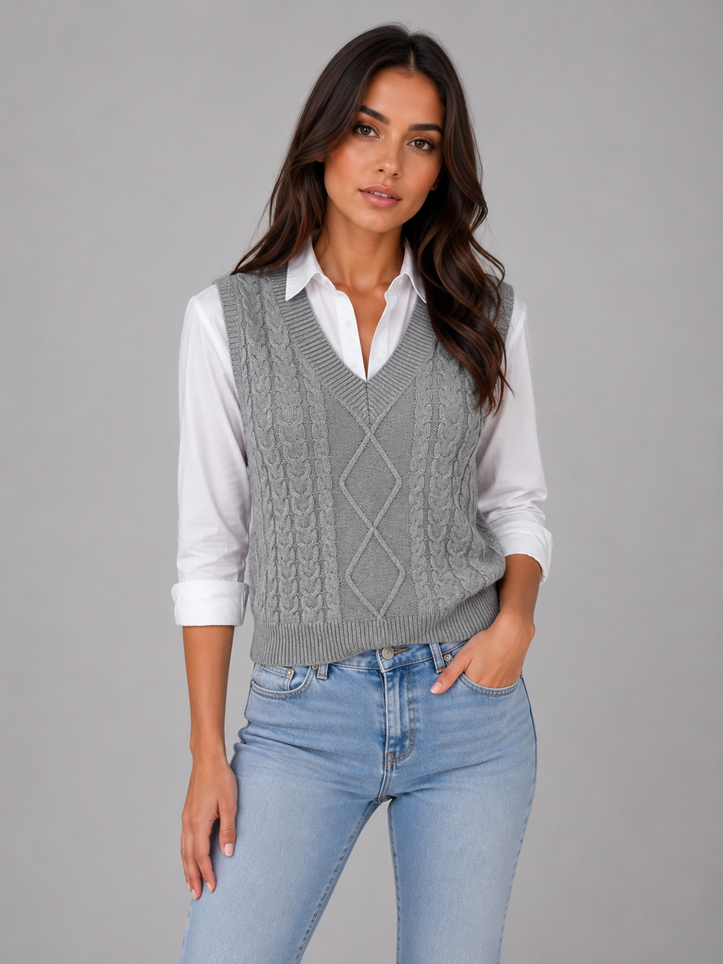 Kacob | Women's Sleeveless Cable Knit V-Neck Sweater Vest