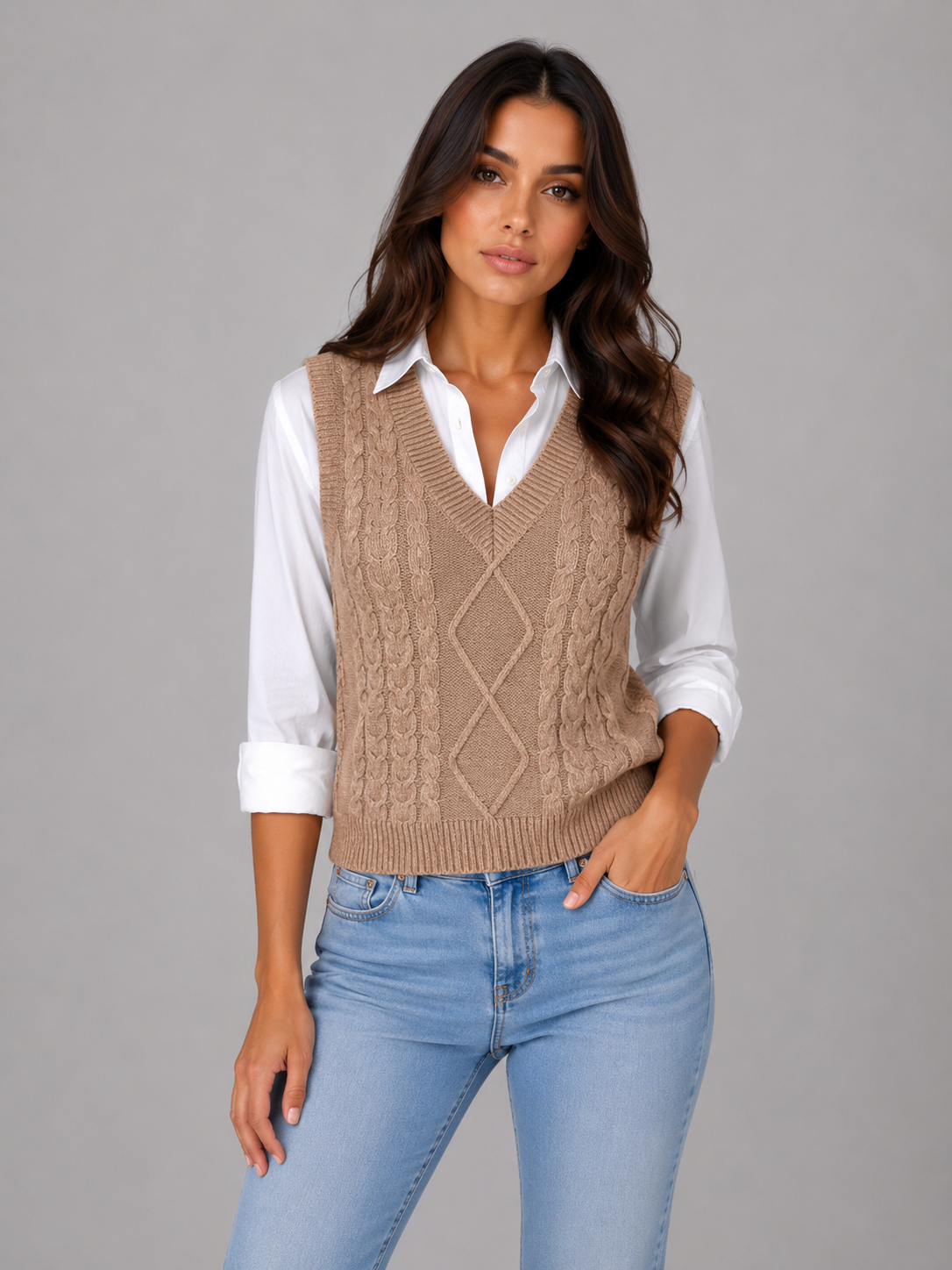 Kacob | Women's Sleeveless Cable Knit V-Neck Sweater Vest