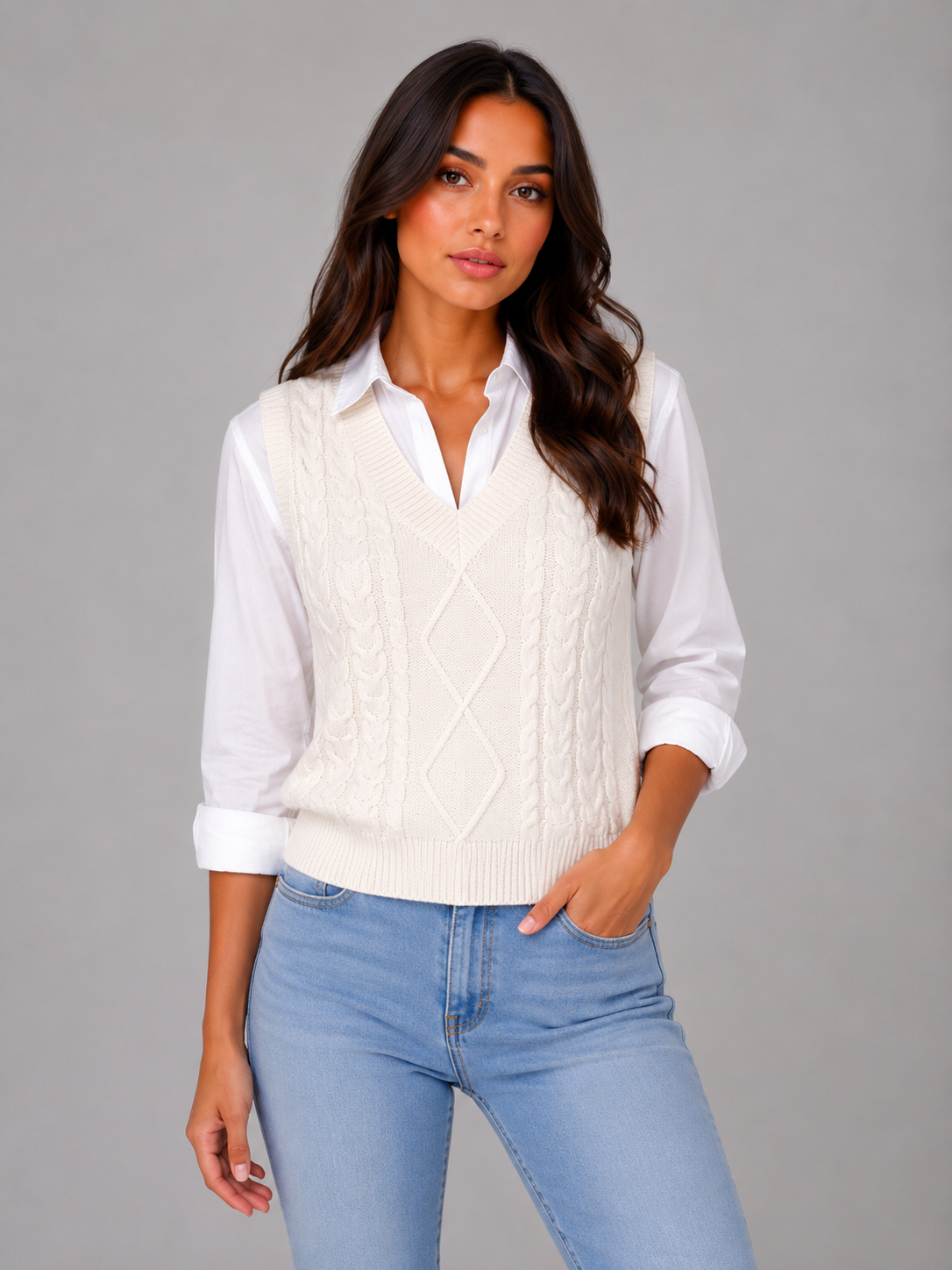 Kacob | Women's Sleeveless Cable Knit V-Neck Sweater Vest