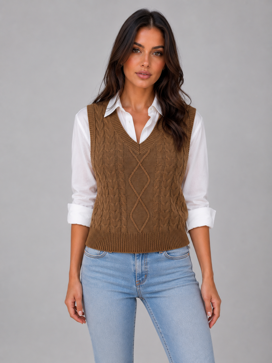 Kacob | Women's Sleeveless Cable Knit V-Neck Sweater Vest