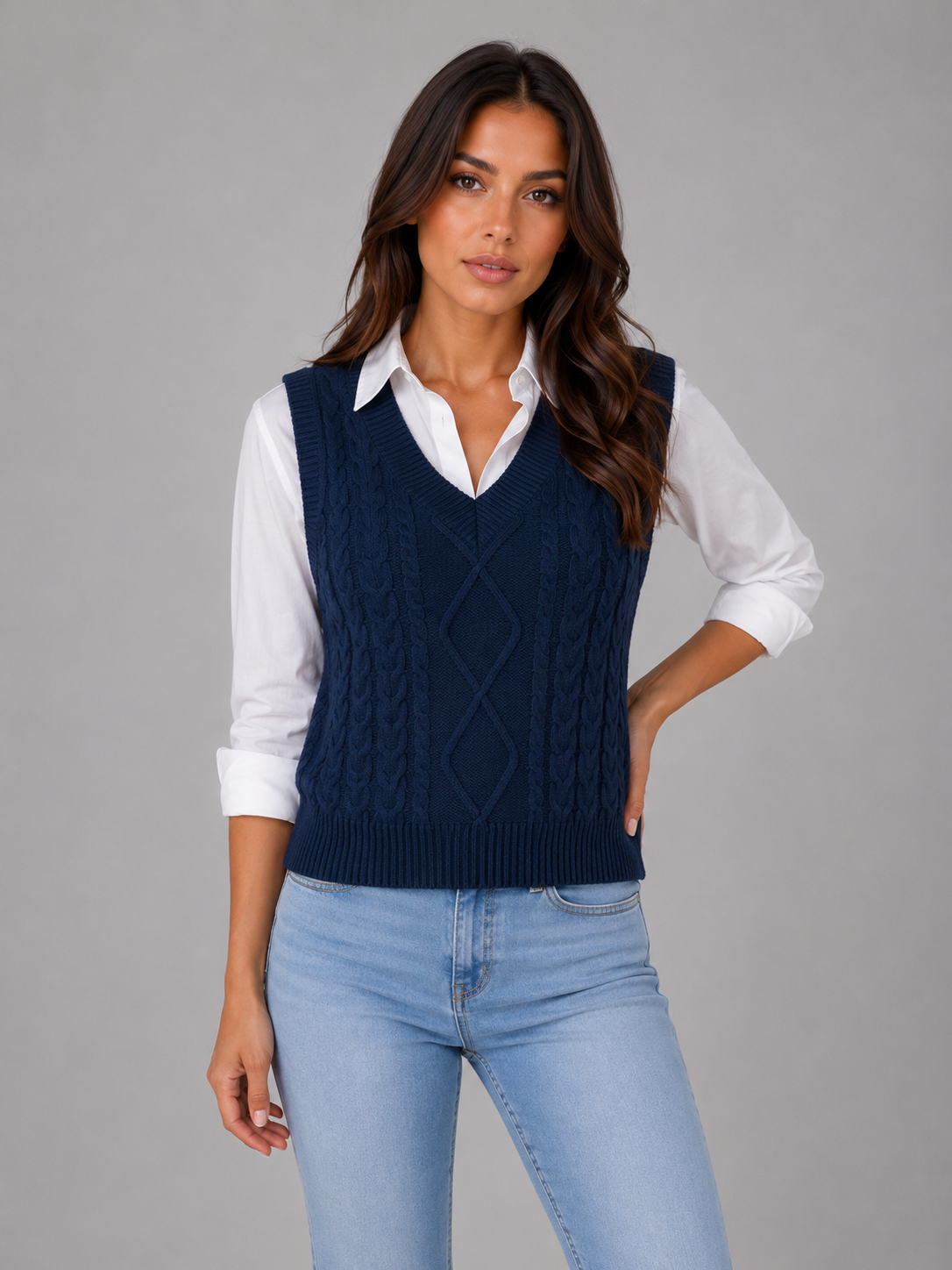 Kacob | Women's Sleeveless Cable Knit V-Neck Sweater Vest